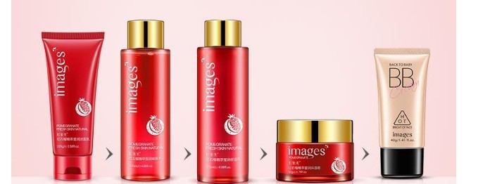 Facial Care Set featuring red pomegranate products including cleanser, toner, cream, and BB cream for radiant skin