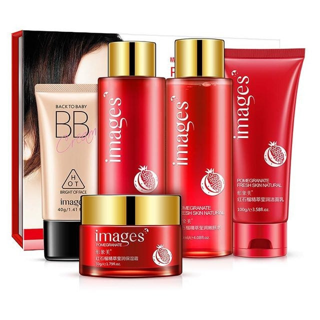 Facial Care Set featuring cleanser, toner, and cream in red packaging with pomegranate detail.