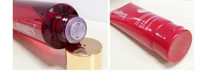 Facial Care Set, featuring cleanser and treatment products in red packaging on a wooden surface.