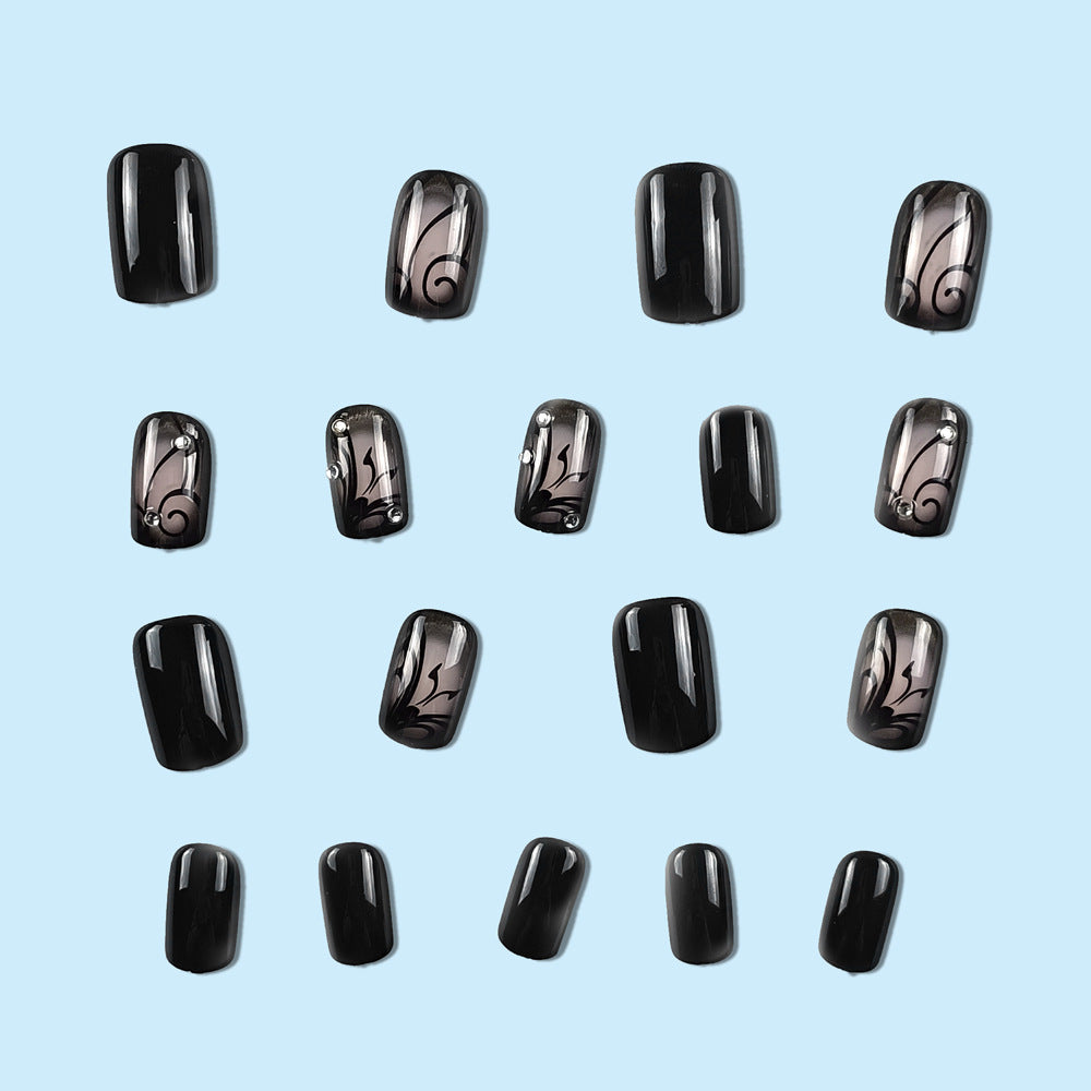 Dark Ins Style Black Vine Wearing Nails And Nails in various designs and shapes on a blue background.