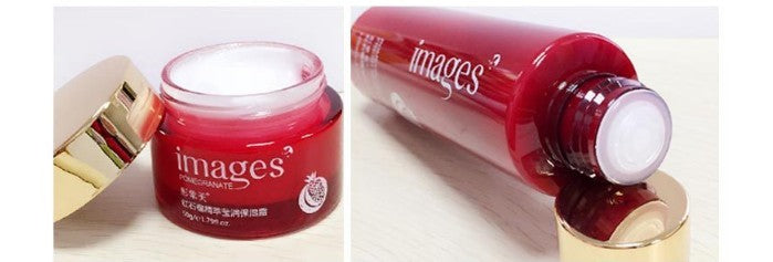 Facial Care Set featuring red pomegranate cream jar and bottle, suitable for all skin types.