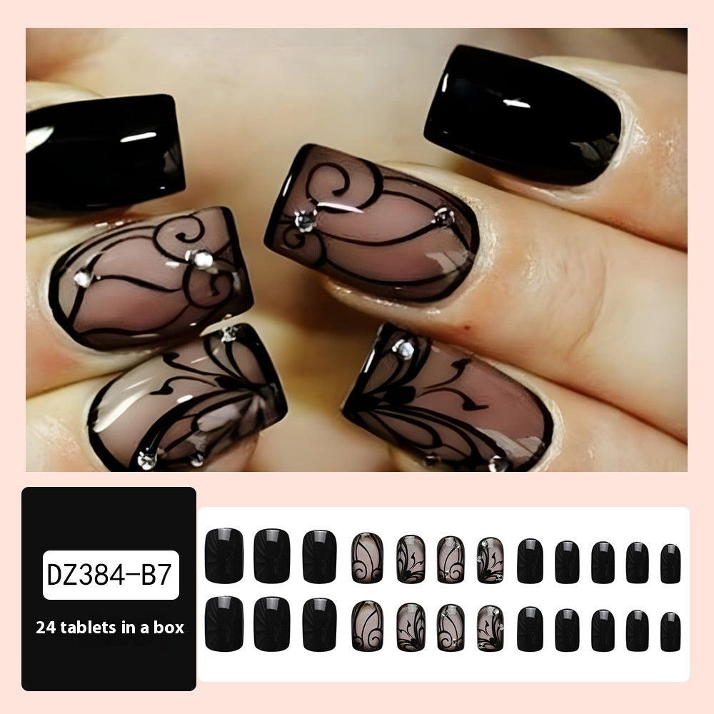 Dark Ins Style Black Vine Wearing Nails And Nails, stylish black and plaid nail design with jewels.