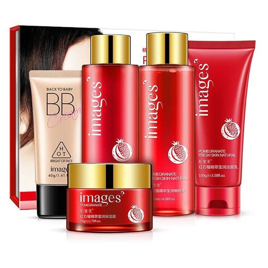 Facial Care Set featuring cleanser, toner, and cream in red packaging with pomegranate detail.