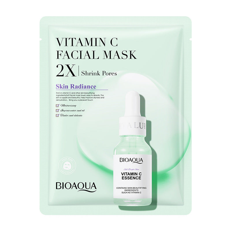Vitamin C Facial Mask by BioAqua, designed to shrink pores and enhance skin radiance, with included Vitamin C essence.