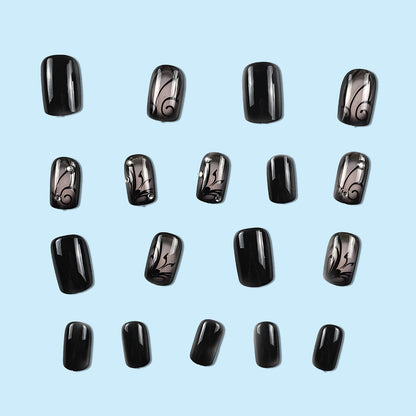 Dark Ins Style Black Vine Wearing Nails And Nails in various designs and shapes on a blue background.