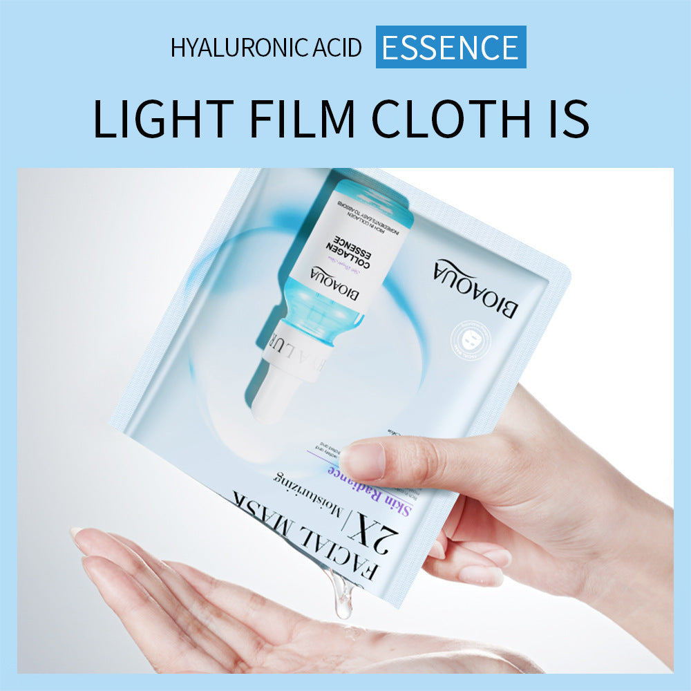 Collagen Face Mask packaging held in hand, showcasing hydrating formula with hyaluronic acid essence.