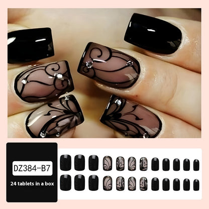 Dark Ins Style Black Vine Wearing Nails And Nails, stylish black and plaid nail design with jewels.